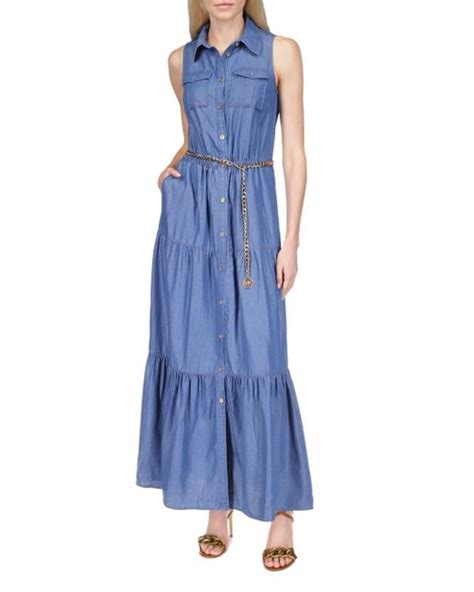 michael kors blue and white striped dress|michael kors chambray tiered dress.